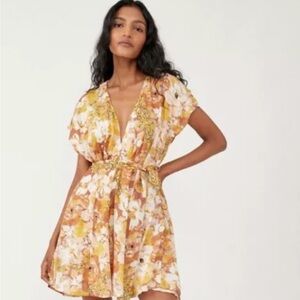 Free People Yellow Boho Floral Tie Waist Freddy Tie Mini Dress XS